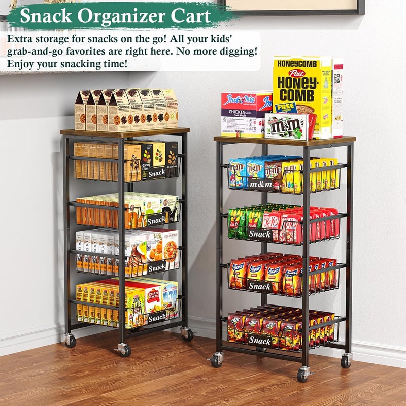 OKZEST Fruit Basket, 5-Tier Utility Kitchen Organizer and Storage Cart with Pull-Out Baskets and Wood Top, Rolling Pantry Kitchen Cart on Wheels for Fruit Potato Onion Vegetable Snack Produce - Image 5